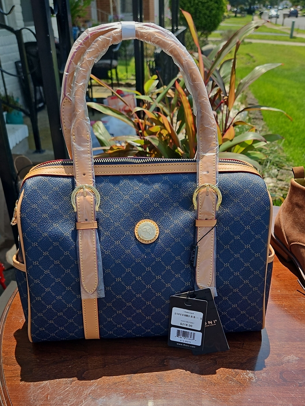 Rioni Navy Monogram Satchel with Tan Trim and Gold Hardware